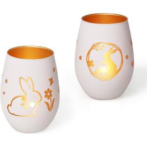 Easter Candle Holder, Frosted Egg-Shaped White Glass Tealight Votive Candle Holder with Bunny & Flower Design, Aesthetic Easter Decorations for Table, Spring Table Centerpiece, Easter Gift
