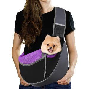 Pawaboo Dog Sling Carrier, Hand Free Breathable Mesh Bag for Puppy Cat, Drawstring Dog Papoose with Adjustable Strap and Pocket, Crossbody Satchel Dogs Purse for Outdoor Travel, L, Deep Purple