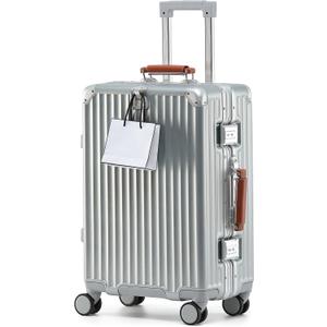 20 Inch Carry On Luggage with Leather Handle, PC Zipperless Suitcase with Spinner Wheels and TSA Locks, 22x14x9 Airline Approved Luggage for Travel, Silver
