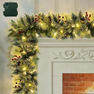 Christmas Garland with Lights  Lighted Xmas Garlands with Timer  Prelit Pine Cone Christmas Berry Garlands Battery Powered Outdoor String Light for Indoor, Party, Home Decoration, 9 Ft by 10 Inch