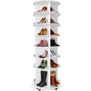 360 Degree Rotating Shoe Cabinet with Wheels, With a Bottom Height Increase of 10 cm/3.9 inches. With 6 Spinning Shoe Racks and 1 Rack for Boots