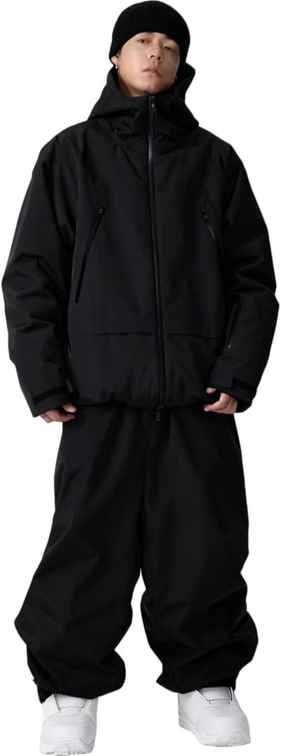 Mens Ski Jacket and Pant Set Womens Snow Jacket Baggy Ski Suit Waterproof Insulated Snowboard Winter Outdoor (Small, Black)