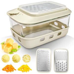 Cheese Grater with Container and Lid,Glass Food Storage Box with Silicone Sleeves,Hand Chopper Graters,for Ginger, Vegetables, Butter, Chocolate & Nutmeg,for Microwave, Dishwasher, Oven