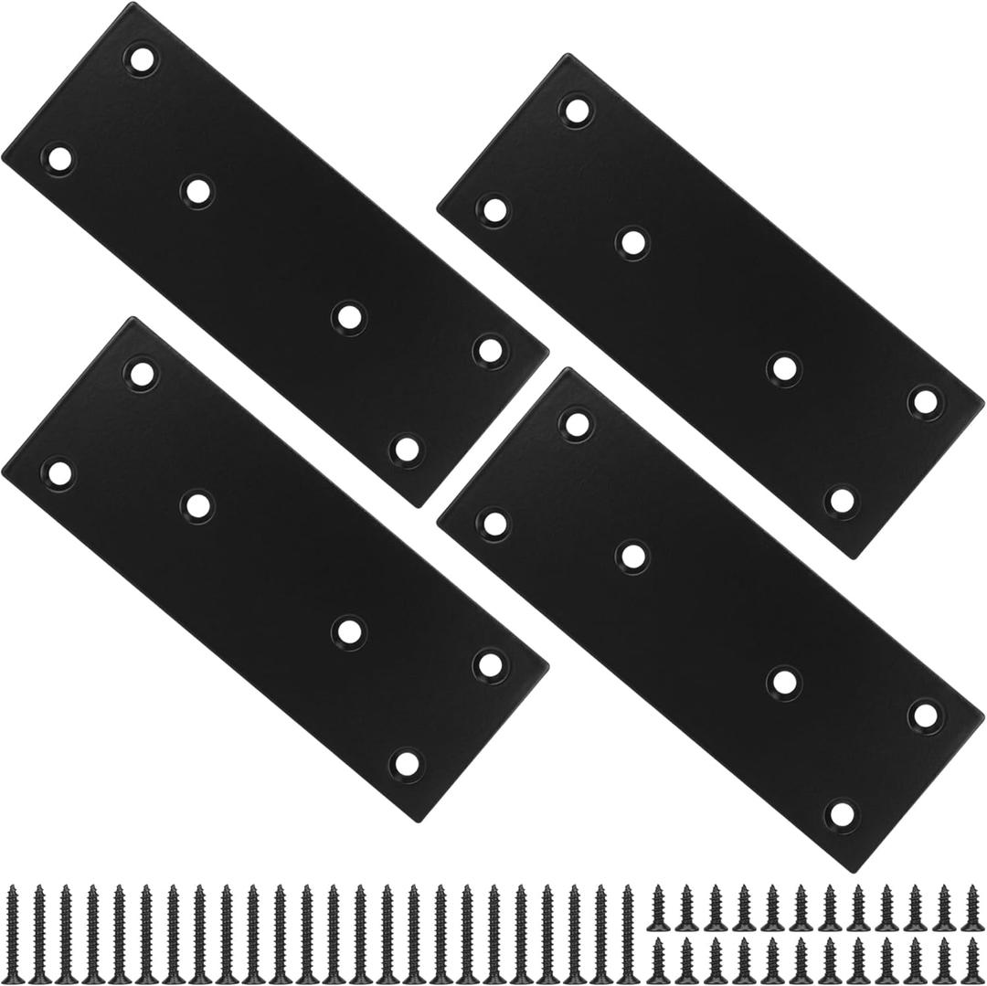 Mending Plate, Black Metal Flat Straight Brace Bracket, Double-Wide Metal Plate, Joining Plate for Wood Furniture Fence Fastening with Screws in 2 Different Lengths (48x128mm, 4 Pack)