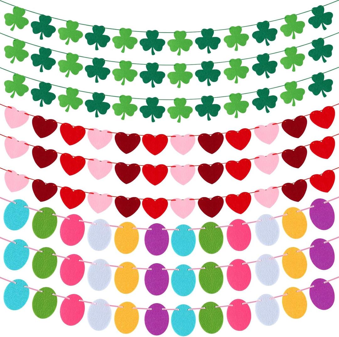 Geyoga Valentines Day Decorations, 9 Pcs Felt Heart Garland St. Patrick's Day Shamrock Garland Easter Egg Banner Decorations for Home, Mantel, Wall, Office