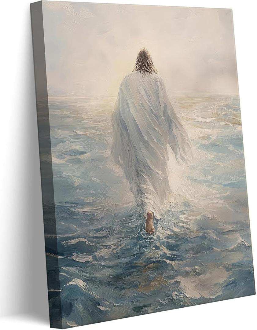 Jesus Walking on Water Canvas Wall Art Bible Stories Wall Decor Pictures Christian God Religious Spirit Faith Posters Prints for Living Room Bedroom Church Home Decorations Ready (16"L x 12"W)