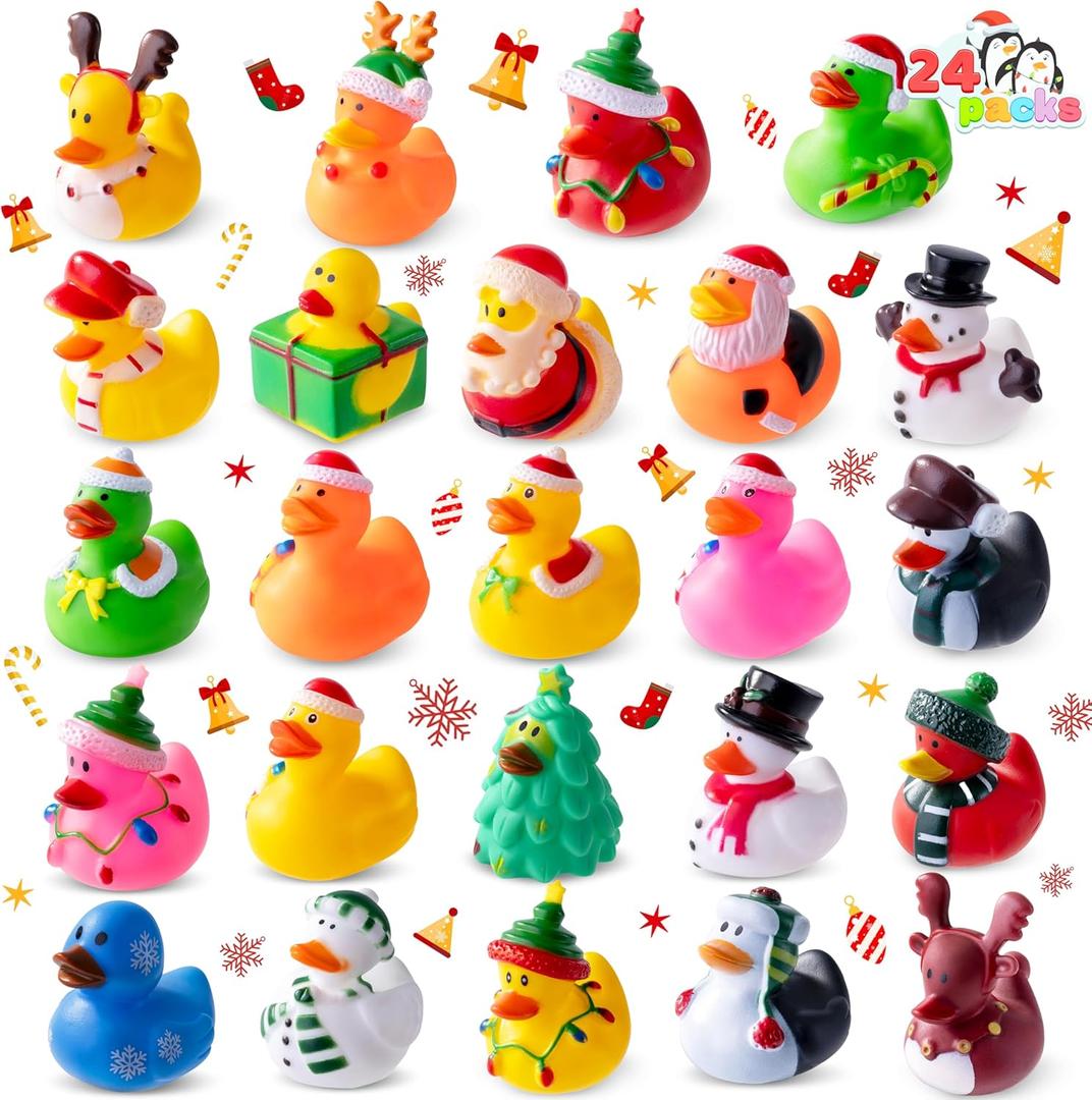 JOYIN 24 Pcs Christmas Ducks Bath Toys, Assorted Cute Rubber Duckies Bulk for Christmas Party Favors, Mini Ducky Baby Bathtub Shower Pool Toys for Kids, Xmas Table Dcorations Stocking Stuffers Gifts