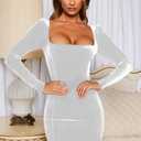 GOBLES Women's Sexy Velvet Long Sleeve Square Neck Bodycon Cocktail Party Mini Dress (White)