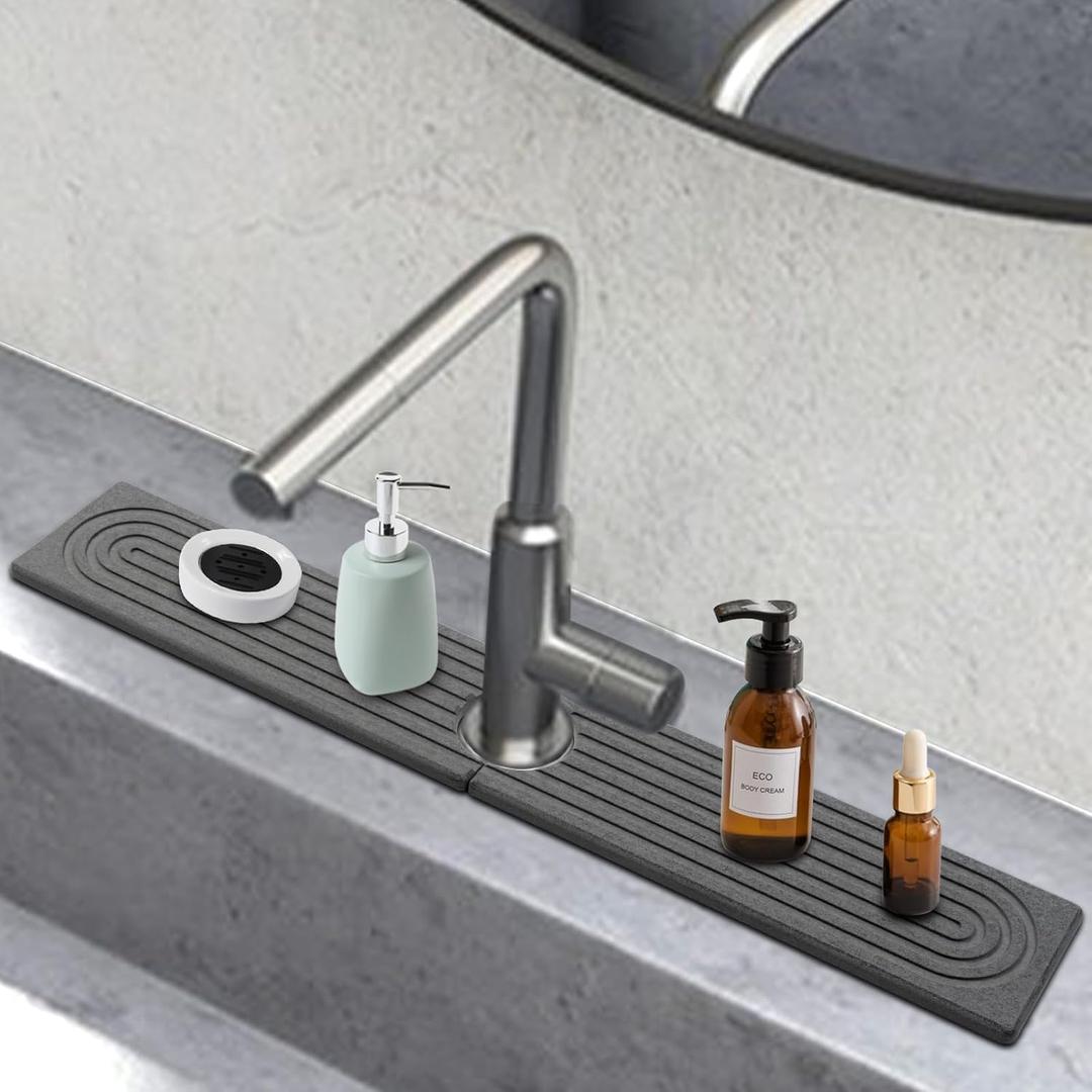 Faucet Mat For Kitchen Sink - Super Absorbent Diatomite Drying Stone Mat For Kitchen Sink, 24'' Quick Drying Splash Guard, Stone Sink Durable Protector for Kitchen, Bathroom Counter (Gray)