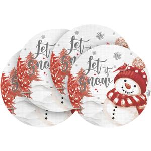 Artoid Mode Red Winter Snowman Vinyl Round Placemats Set of 4, 14 Inch Washable Non-Slip Woven Plastic Table Mats for Party Kitchen Dining Decor