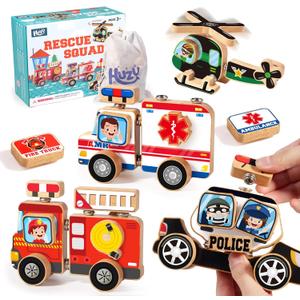 Emergency Vehicles 3D Puzzle Toy, HUZU Rescue Squad Wooden Snap Button Connection Building Blocks for Kids 3-8, Fire Truck Ambulance Police Car Helicopter Montessori Gifts for Preschool Children