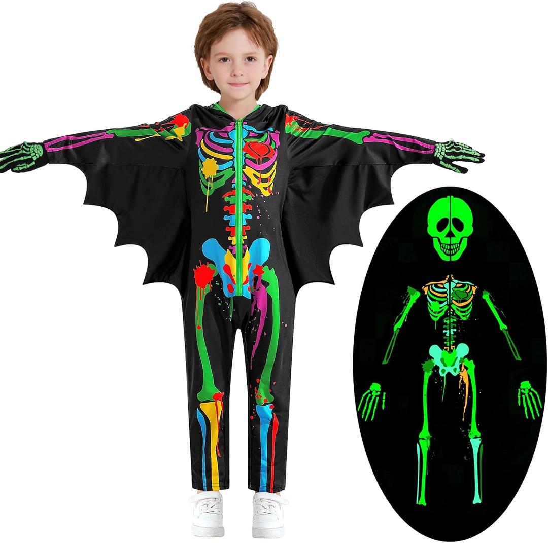 Kids Skeleton Costume Halloween Toddler Luminous Scary Skull Bones Jumpsuit Boys Girls Scary Cosplay Bodysuit 3-10T (4-6T, Colour1)
