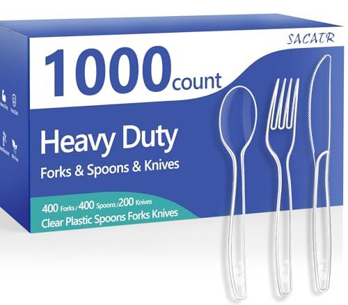 SACATR 1000 Count Plastic Silverware Heavy Duty - 400 Forks, 400 Spoons, 200 Disposable Knives, BPA-Free, Disposable Plastic Cutlery Set, Plasticware Suitable for Party Everyday Use ﻿