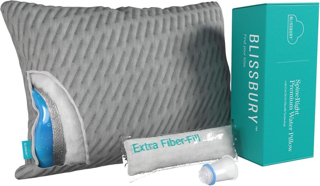 BLISSBURY Adjustable Water Pillow - Waterbase and fiberfill Stuffing Adjust to Help Side Sleepers with Shoulder or Neck Pain. (Gray)