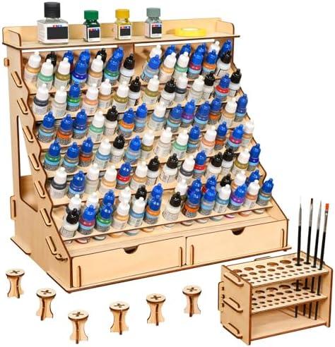 CACEJO Paint Organizer with Brush Holder – 105-Bottle Holder with 6 Miniature Stands – Brush and Paint Storage for Miniature Painting