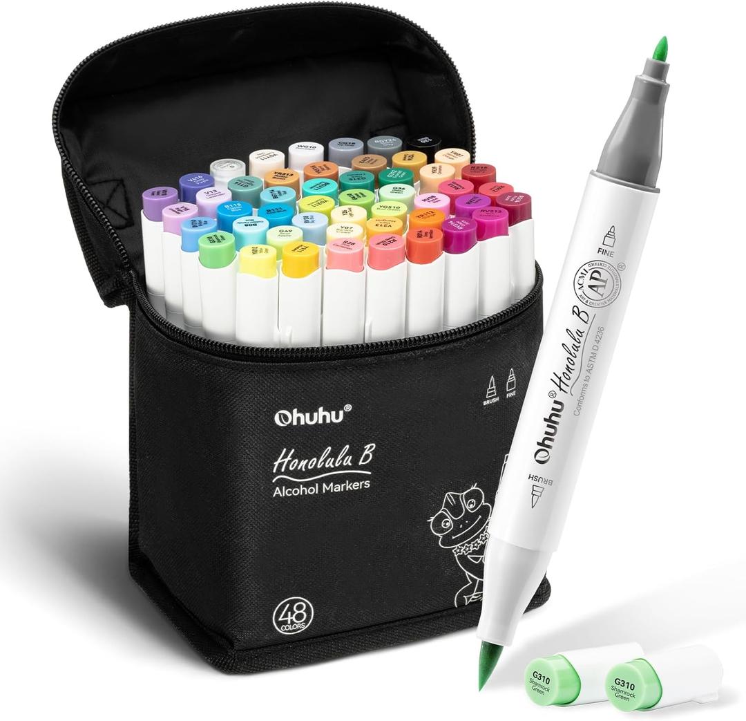 Ohuhu Alcohol Markers Brush and Fine Tip - Alcohol-based Art Sketch Marker Set for Artist Adults Coloring Illustration - 48 Colors - Brush & Fine Dual Tips- Honolulu B - Refillable - AP Certificated