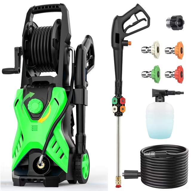 5000 Psi Electric Pressure Washer, 2.8 Gpm Power Washer with 33FT Extension Hose Reel, Pressure Adjustable (2500PSI-5000PSI), 4 Quick Connect Nozzles for Car/Fence/Patio(Green)