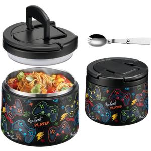 14oz Insulated Vacuum Food Jar with Buckle Lid,Soup Thermo for Hot Food Kids,Wide Mouth Leakproof Stainless Steel Lunch Container with Spoon-Black Game