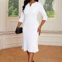 Nmoder Women Mermaid Cocktail Bodycon Church Fishtail Midi Dresses V-Neck | Sheath Ruffle Hem with Femininity, Slim Fit to Show Curve, 3/4 Sleeve Midi Length for Semi-Formal, Wedding Guest, Business (White, M)