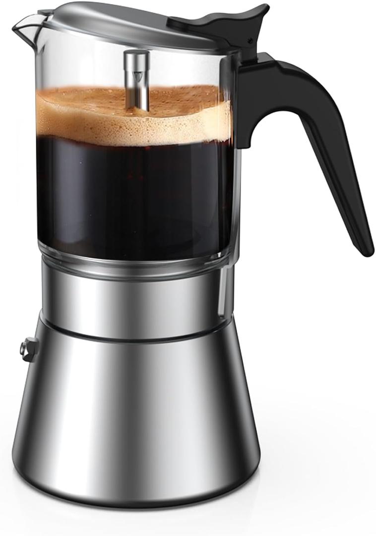 Moka Induction Stovetop Espresso Maker,Crystal Glass-top & Stainless Steel Espresso Moka Pot,Classic Italian coffee maker,240ml(6cup) (240 ml)