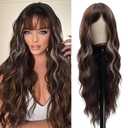 Vomella Brown Wig With Bangs 26 Inch Long Curly Wavy Wigs with Highlights Natural Curly Wig for Women Synthetic Wigs for Daily Party Use