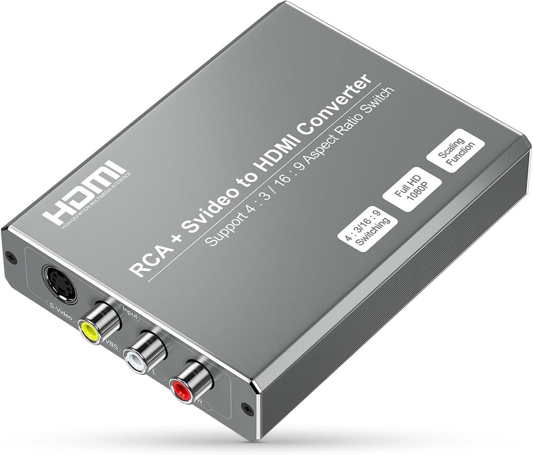 RCA Svideo to HDMI Converter with 4 : 3/16 : 9 Aspect Ratio Switch, S-Video RCA to HDMI Adapter, Support 720P/1080P Output Switch for VHS/VCR/DVD Player/Wii/PS1/PS2/N64/NGC/NES to View on HD TVs