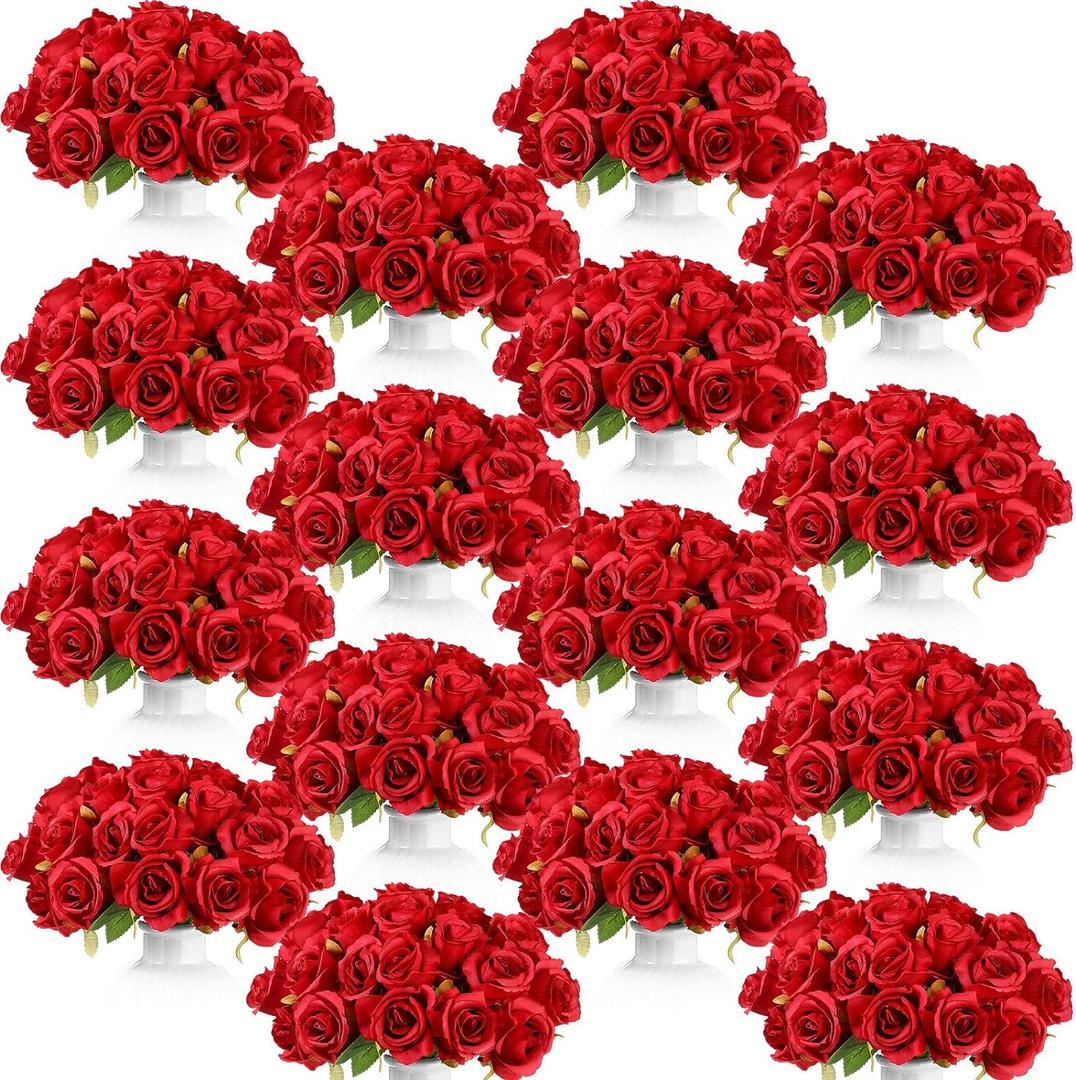Jexine 240 Pcs Artificial Rose Flowers Bouquet Silk Realistic Flowers Bulk Centerpieces DIY Bride Fake Rose for Home Bridal Wedding Party Decorations(Red)