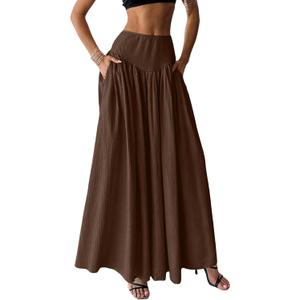 Milumia Women's Pleated Flowy Long Skirts High Waist Maxi Skirt with Pocket (Brown, M)