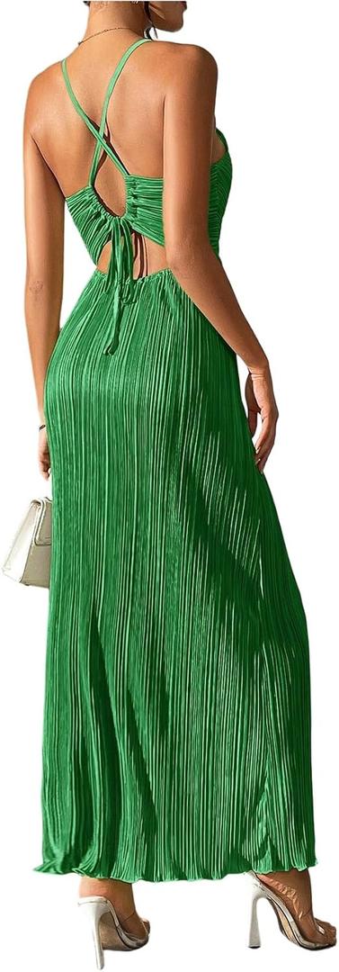 OYOANGLE Women's Summer Textured V Neck Sundress Tie Back Spaghetti Strap Pleated A Line Beach Long Maxi Party Dress, Green, Small