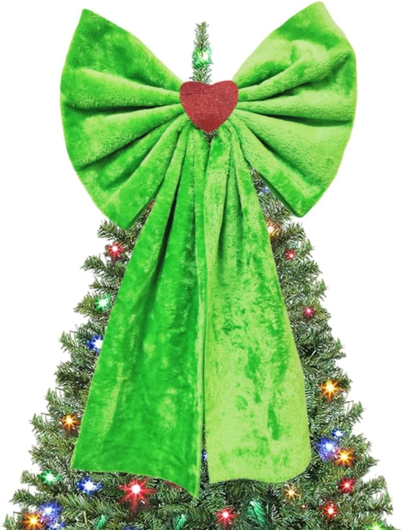 Large Lime Green Christmas Tree Topper Bow 20x26 Inches Faux Furry Plush Oversized Bow for Indoor Outdoor Xmas Decor, Wreath, Mantel, Party Favor