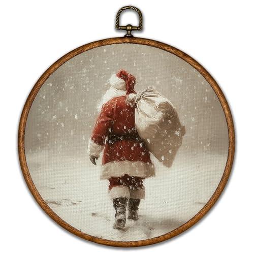 BCUANGD Santa Claus Round Wall Art Decor - Vintage Winter Snow Wall Art Canvas Frame Artwork Prints, Rustic Christmas Holiday Cottage Round Wall Hanging Decorations for Home Farmhouse, 10"x10"