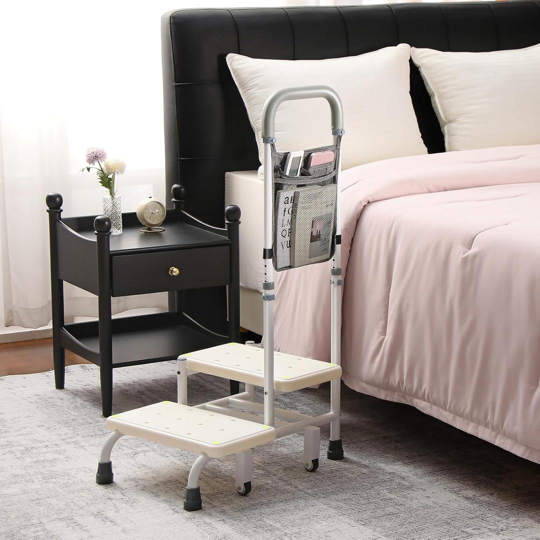 NOVII 2 Step Stool with Handle, Adjustable Bed Steps for High Beds for Adults, Step Stool with Wheels for Elderly, Portable Footstool for Bedroom, Kitchen, Bathroom (White with Bag)