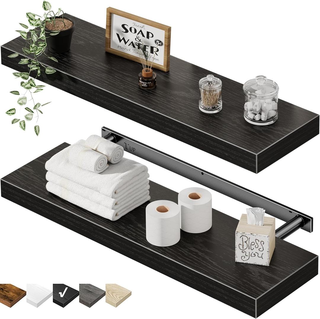 QEEIG Floating Shelves for Wall 23.6" Long - Wall Mounted Shelf Bathroom Kitchen Living Room Bedroom Farmhouse Home Decor Display Bookshelf Large 23.6 x 9.3 inch Set of 2, Black (008-60B)