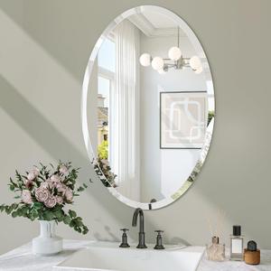 Frameless Oval Mirror, 18"x26" Bathroom Vanity Mirrors with Beveled Edge, Decorative Oval Wall Mirrors for Bedroom, Entryway, Living Room, Hangs Horizontally or Vertically