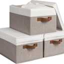 StorageWorks Fabric Storage Bins with Lids, Decorative Storage Bins with PU Handles, Foldable Storage Baskets for Closet, Shelves, Stackable and Sturdy Organization, Brown and White, Large, 3-Pack