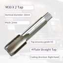 M30 X 2 Tap, Metric Thread Tap, Right Hand, 2mm Pitch, Straight Flute, 4 Flute, High Speed Steel, H2 Accuracy Grade, Machine Tap