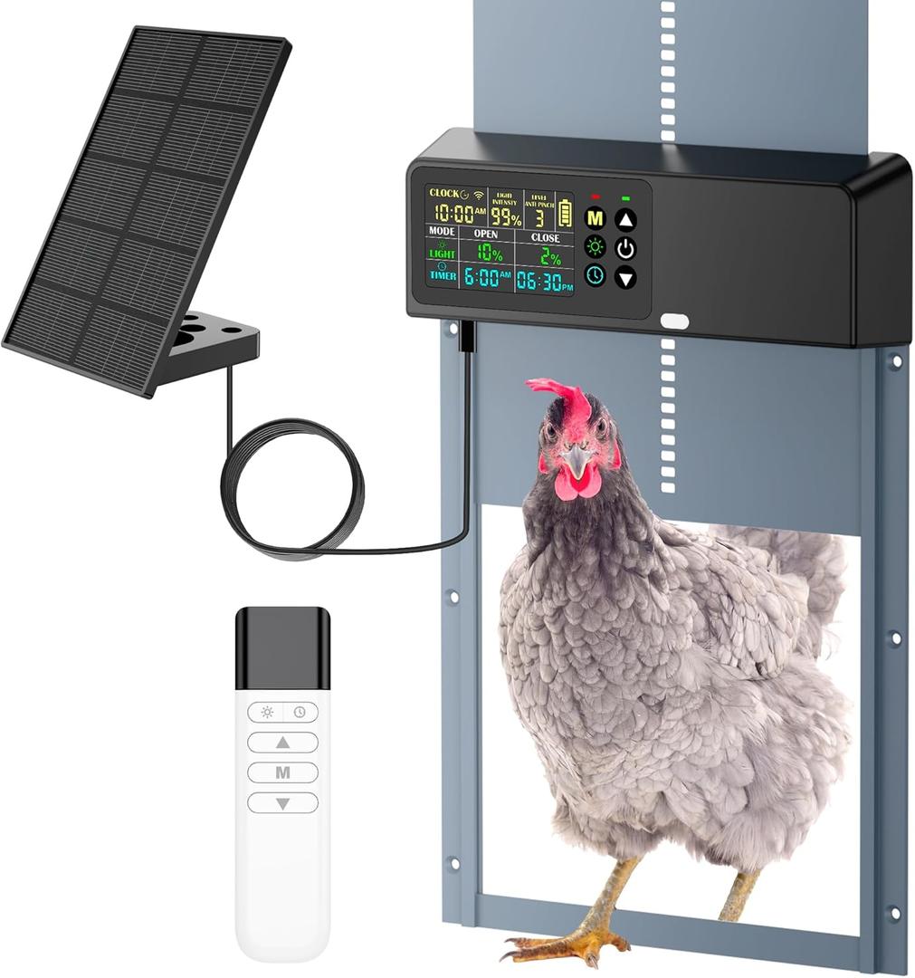 Automatic Chicken Coop Door Solar Powered with Programmable Remote, 4 Modes Combo Light and Timer Aluminum Chicken Door with LCD Color Display