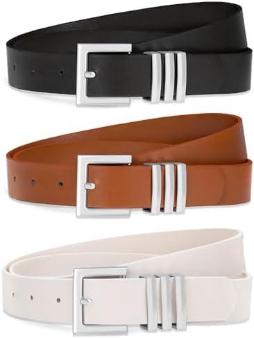 Huyfhksd 3 Pack Women Leather Belt for Jeans Pants Dresses Fashion Ladies Waist Belts with Gold Buckle, L, Black/ Brown/ Beige(Square)