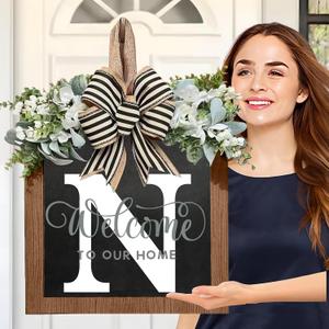 Last Name Welcome Sign for Front Door Wreath All Year Round Decorations Front Porch Decor Hanging Gift for Farmhouse Home Outdoor and Indoor (N)