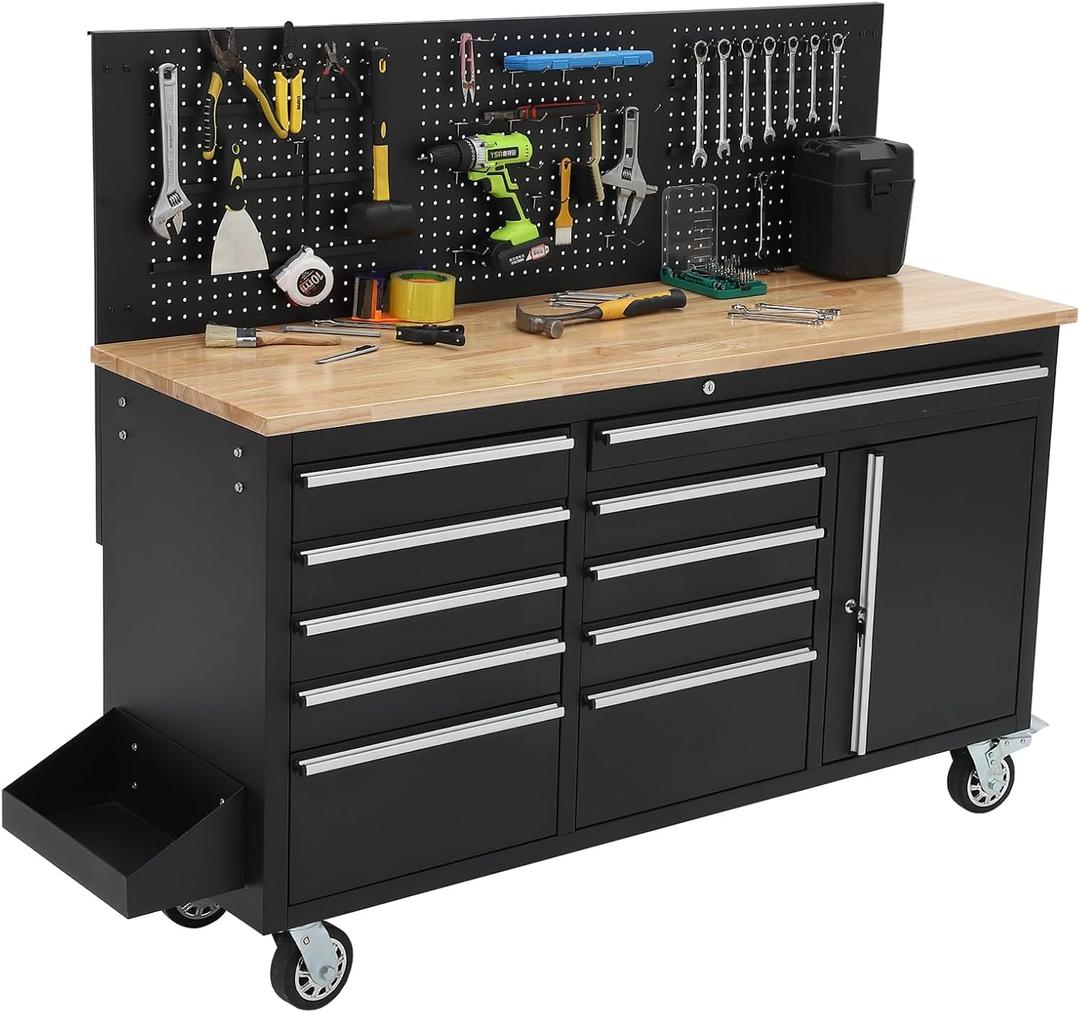 61-inch Rolling Tool Chest, 10 Drawers Garage Workbench Storage Tool Cabinet with Power Strip, Solid Rubber Wood Top, 1675 LBS Load Mobile Workstation, Heavy Duty Rolling Cabinet