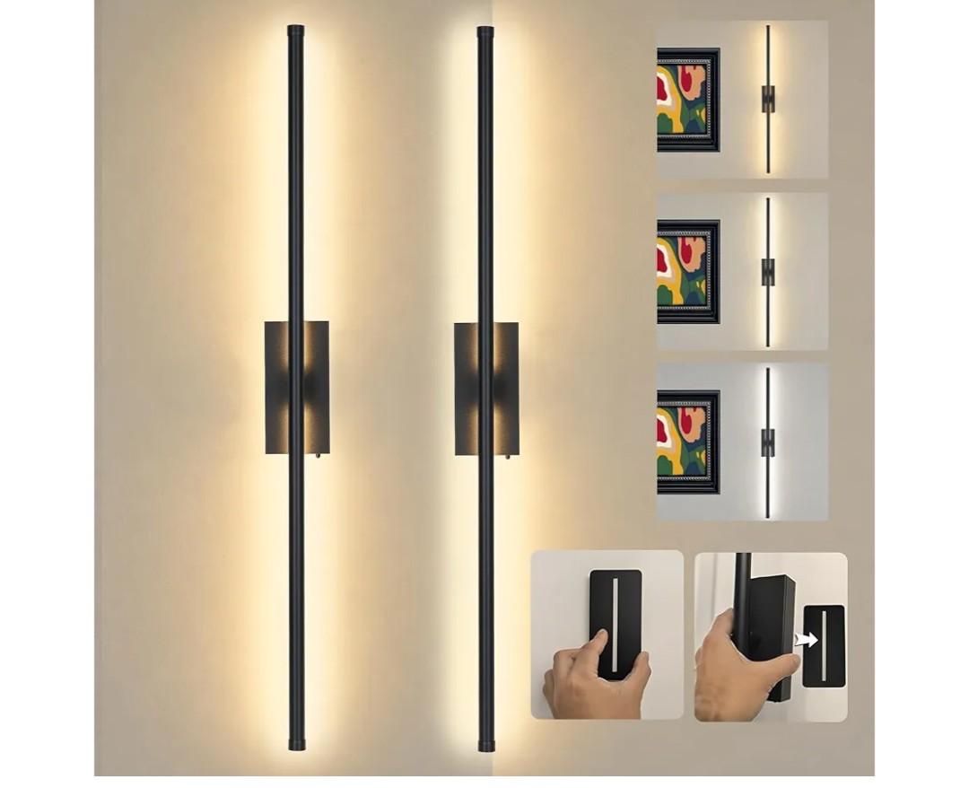 Magnetic Battery Operated Wall Sconces Set of 2, Magnetic Linear Wall Sconce,Multiple patches （Peel and Stick） Rechargeable Wireless Picture Light , Modern Sconces for Living Room Bedroom Hallway