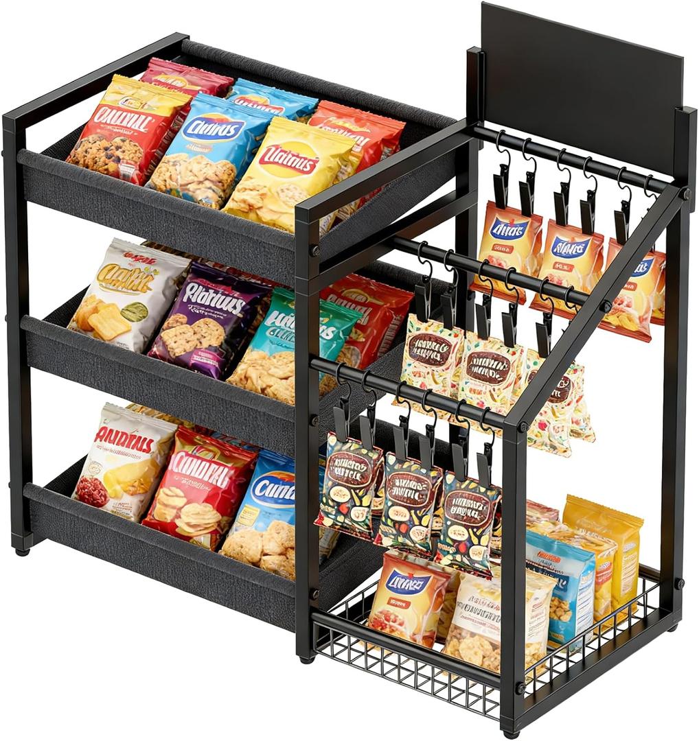 3-Tier Snack Organizer with 18 Clips, Large Capacity Snack Rack with Message Board, Snack Cart for Kitchen Office Store Party Countertop, Matte Black Metal & Oxford Fabric Snack Storage