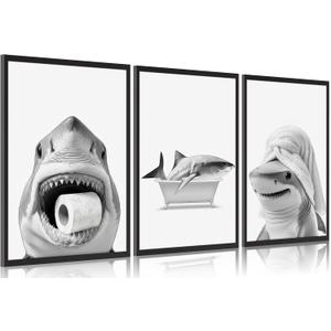 3pcs Black And White Shark Bathroom Canvas wall art Funny ocean Animal bathtub Paintings Pictures Wall Decor Modern Poster Printing Artwork for Restroom Toilet Home Decoration Unframed (16x24in)
