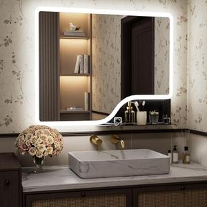 Callsky 40"x 32" LED Bathroom Mirror with Shelf, Wall-Mounted Backlit Vanity Mirror with Lights, Smart Bathroom Mirror with 3 Colors, Anti-Fog, Stepless Dimmable, Memory (UL, ETL)