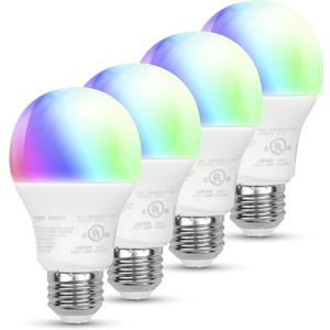Amazon Basics Smart A19 LED Light Bulb, Color Changing, 9W (60W Equivalent), 800LM, Works with Alexa Only, 2.4 GHz Wi-Fi, No Hub Required, Energy Saving, 4-Pack