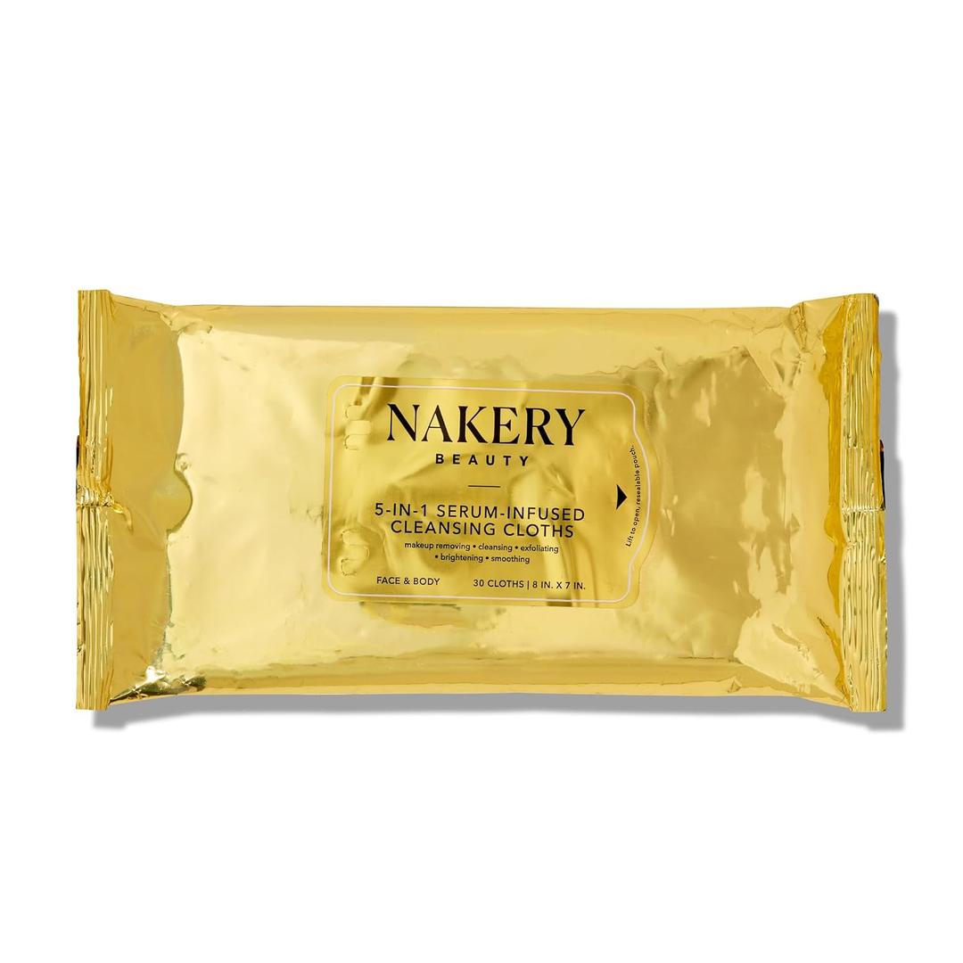 Nakery Makeup Remover Wipes for Face, 5-in-1 Infused Cleansing Towelettes, Gentle Exfoliating Wipe for Women, Eye Makeup Eraser for Sensitive Skin, Anti Aging Skincare, Hydrating Formula