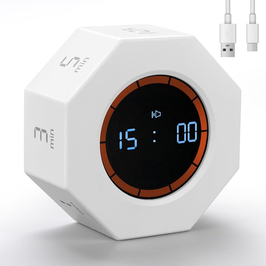 Rechargeable Visual Timer, 8-Angle Auto-Rotating Screen with Gravity Sensor, Digital Timers for Classroom, Small Kitchen Timers for Cooking, Work and Study (Pearl White)