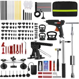128 PCS Professional Auto Dent Puller Kit, with Black Lifter, Reflector, Glue Gun, T-Hammer Puller and Interior Removal Tool for Repairing Minor and Deep Dents in car.