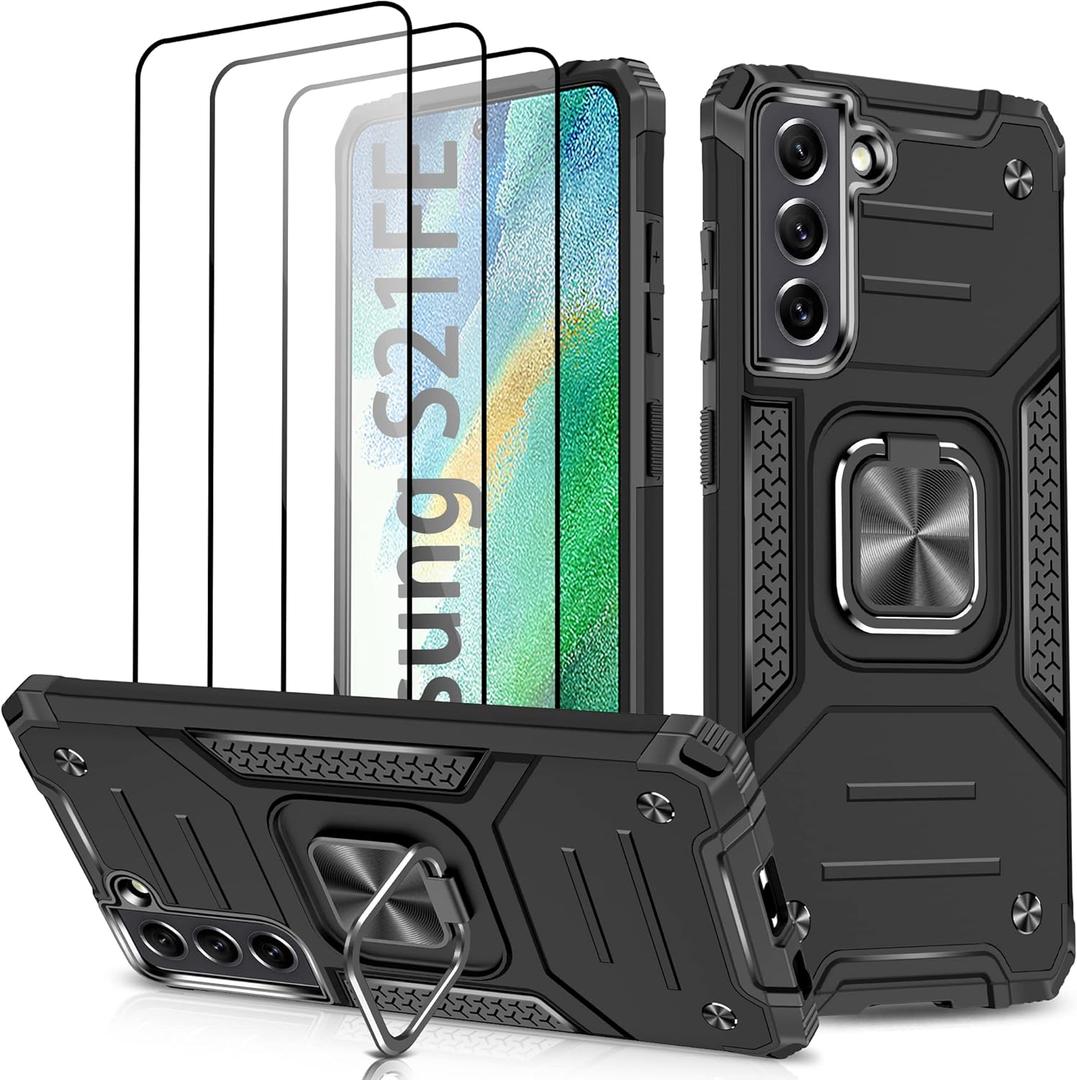 Case for Galaxy S21 FE 5G with 3 Pcs Tempered Glass Screen Protector, Military-Grade Built in Magnetic Ring Kickstand Dual Layer Hybrid Shockproof Aromr Rugged Case for Galaxy S21 FE 5G - Black