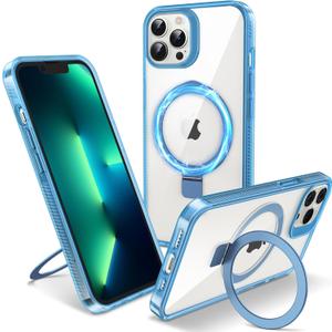 Flyzoo Magnetic Case for iPhone 13 Pro Max - [Built-in Invisible Stand] [Compatible with MagSafe] [Military Grade Drop Protection] Anti-Yellowing Hard Back Silicone Edge Cover, 6.7", Clear Blue